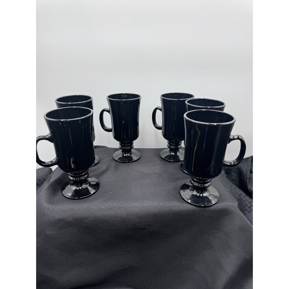 Vintage Libby Black Amethyst Glass Irish Coffee Mug Cup Pedestal Footed Set Of 6